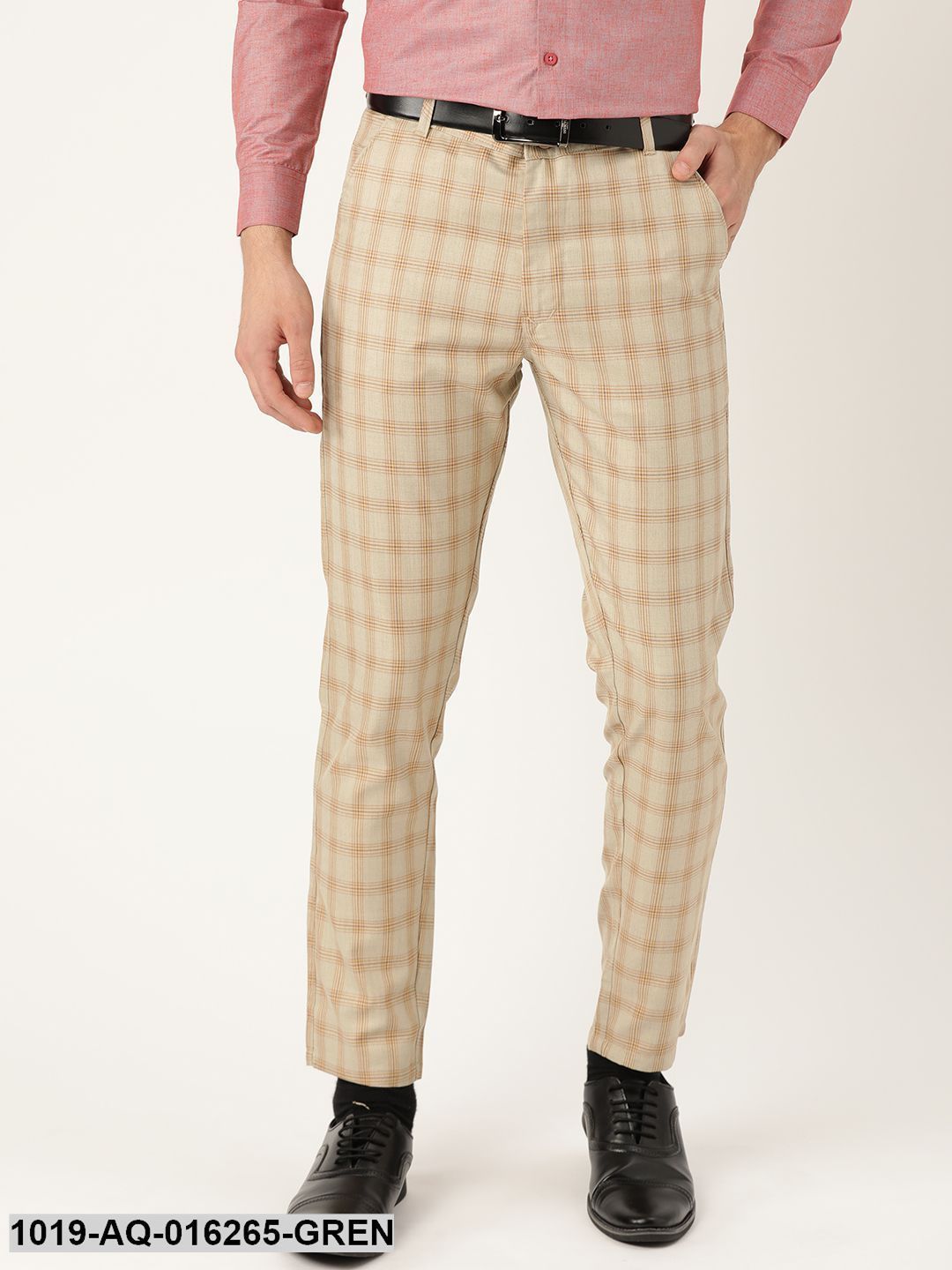 Men's Cotton Blend Pista Green & Mustard Checked Formal Trousers - Sojanya