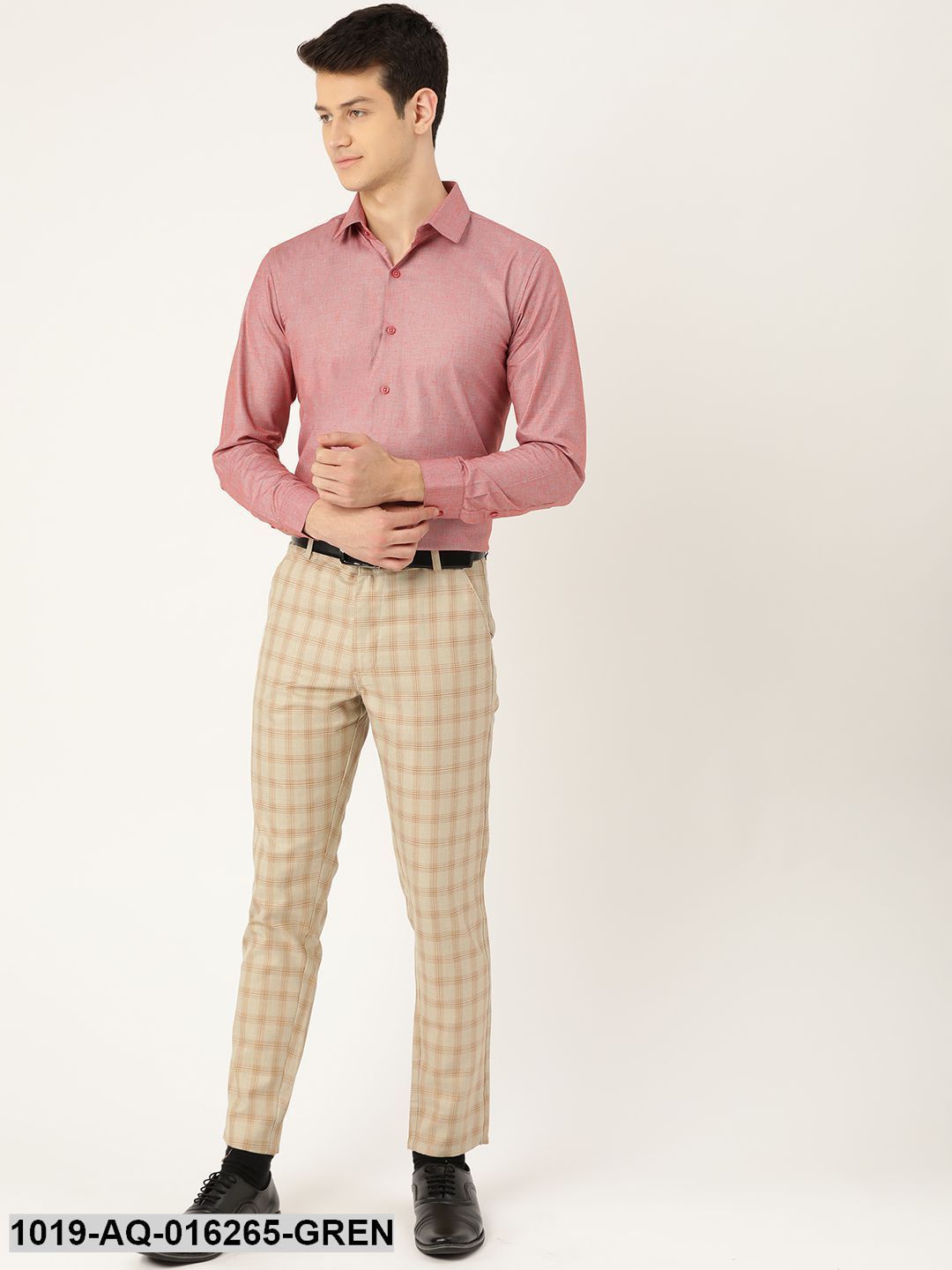 Men's Cotton Blend Pista Green & Mustard Checked Formal Trousers - Sojanya