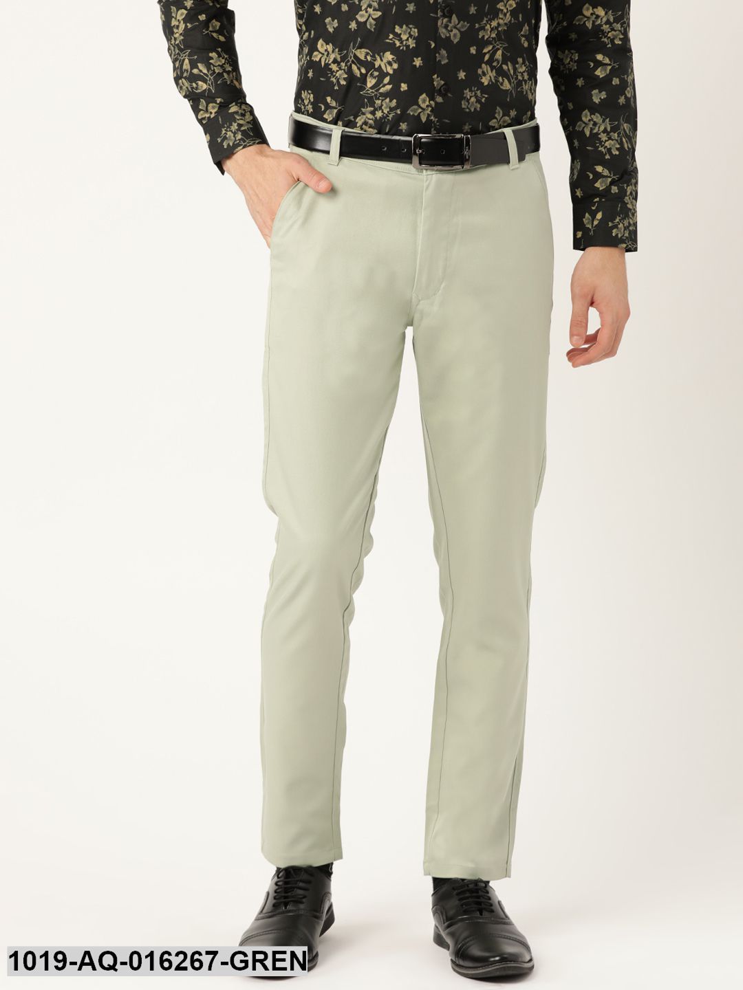 Men's Cotton Blend Pista Green Solid Formal Trousers - Sojanya