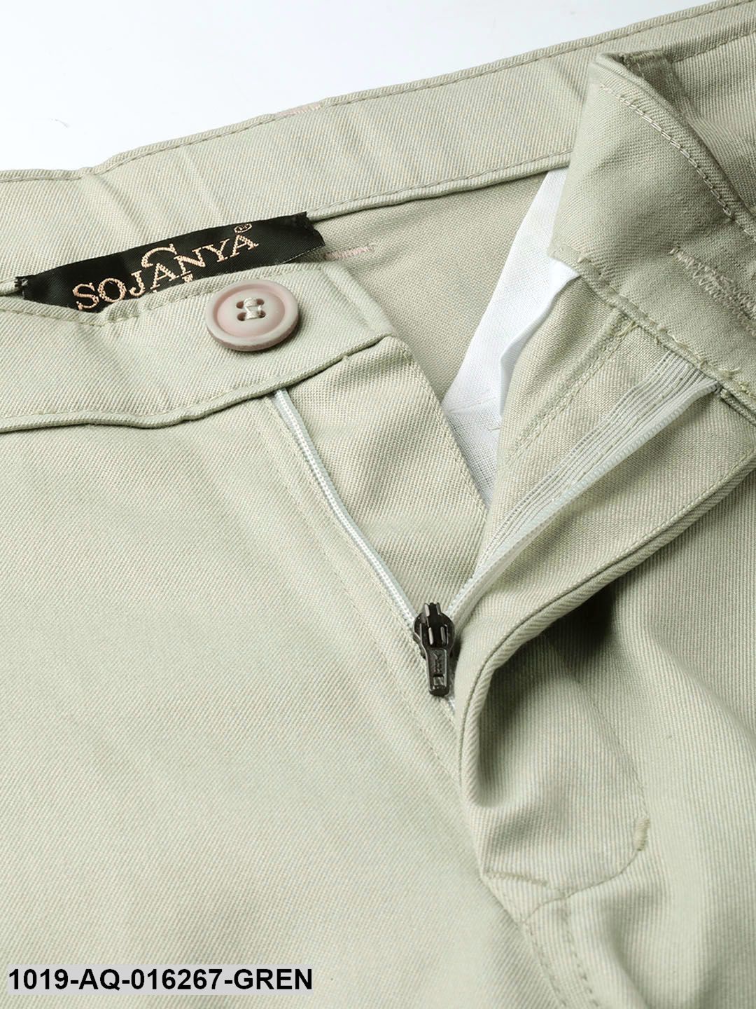 Men's Cotton Blend Pista Green Solid Formal Trousers - Sojanya