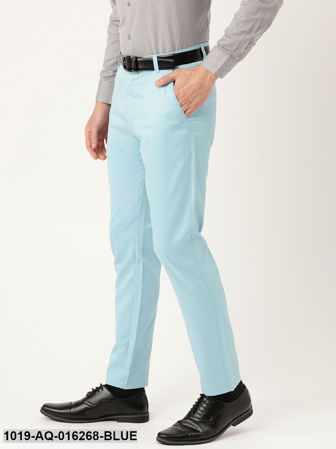 Men's Cotton Blend Sky Blue Solid Formal Trousers - Sojanya