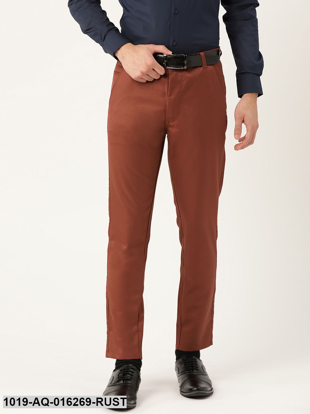 Men's Cotton Blend Rust Solid Formal Trousers - Sojanya
