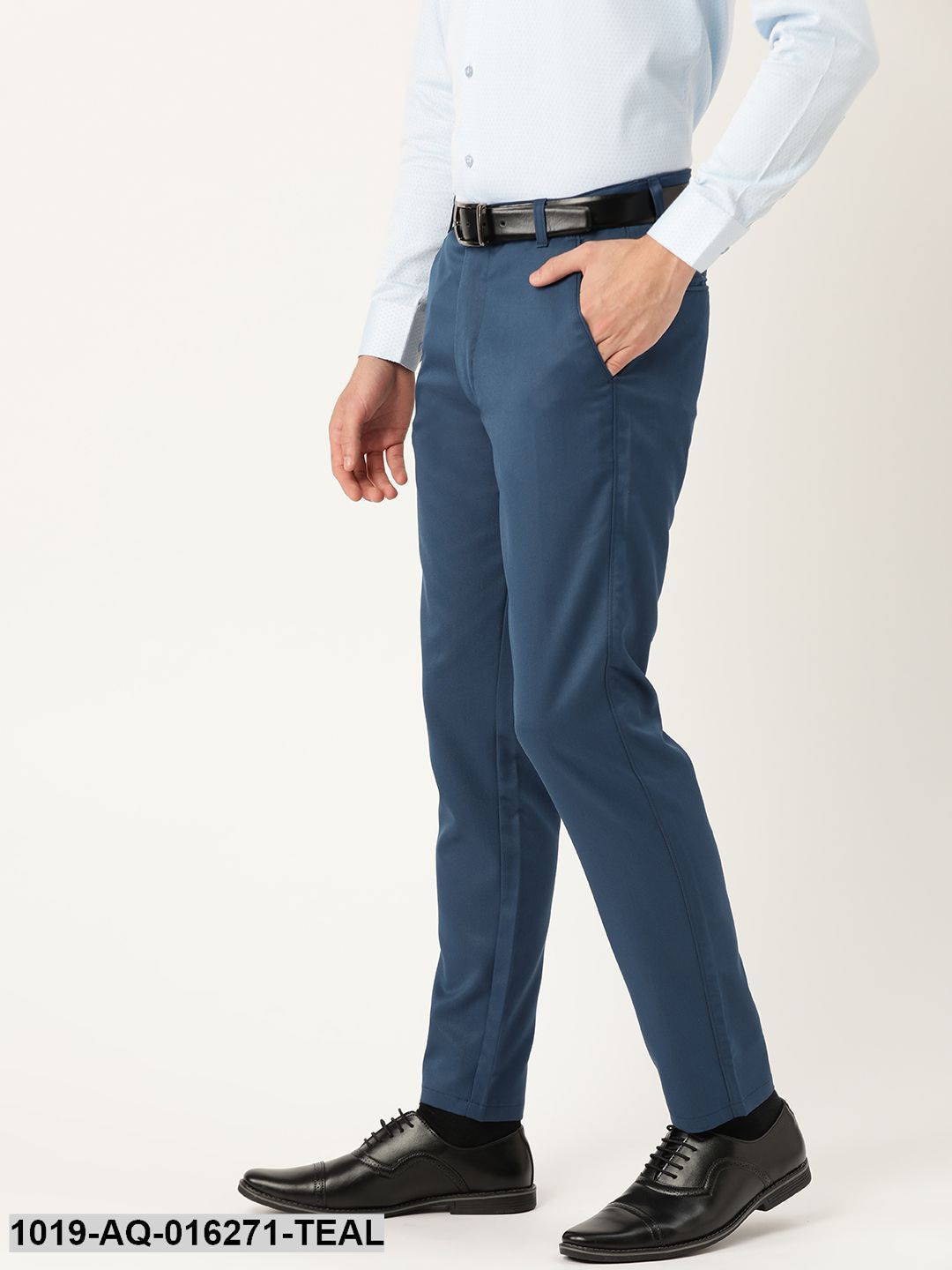Men's Cotton Blend Teal Blue Solid Formal Trousers - Sojanya