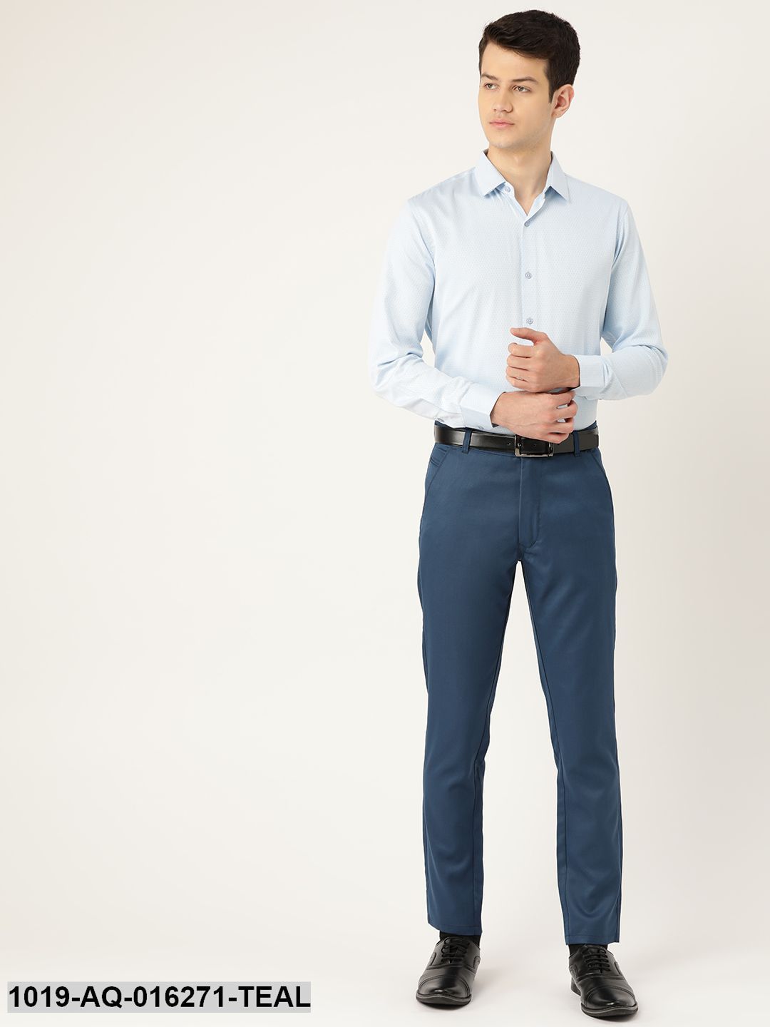 Men's Cotton Blend Teal Blue Solid Formal Trousers - Sojanya