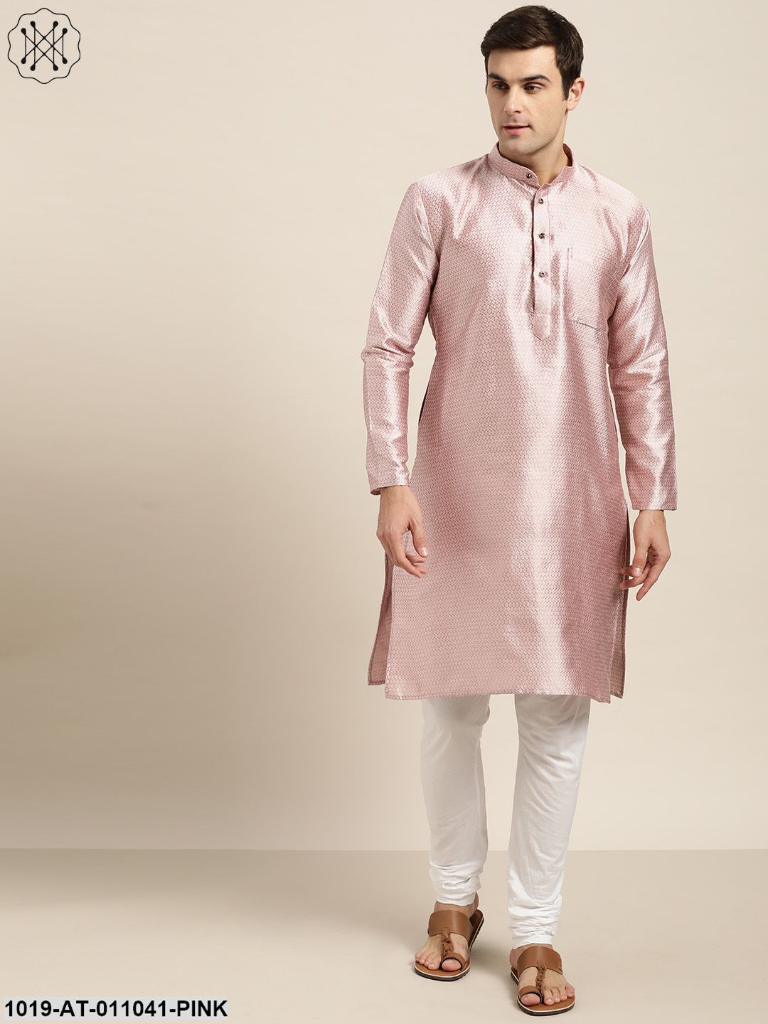 Men's Silk Blend Light Pink Self Design Only Kurta
