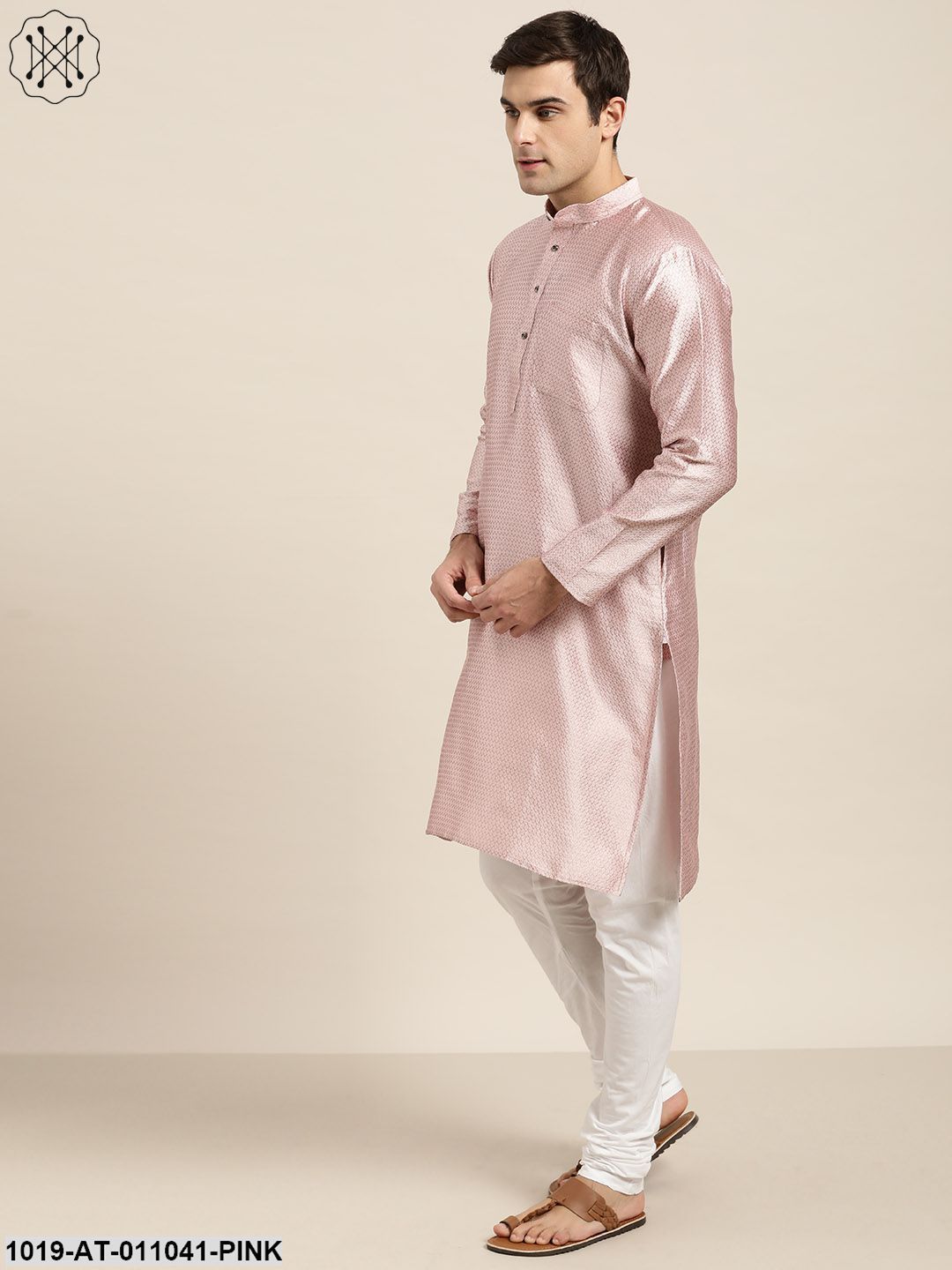 Men's Silk Blend Light Pink Self Design Only Kurta