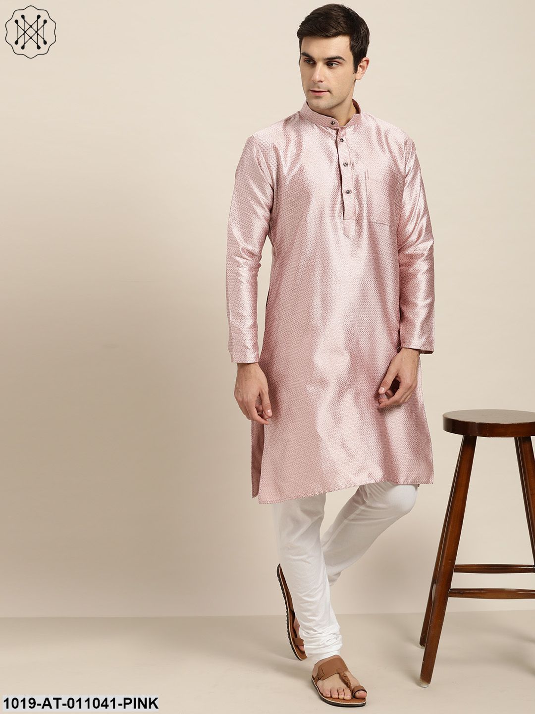 Men's Silk Blend Light Pink Self Design Only Kurta