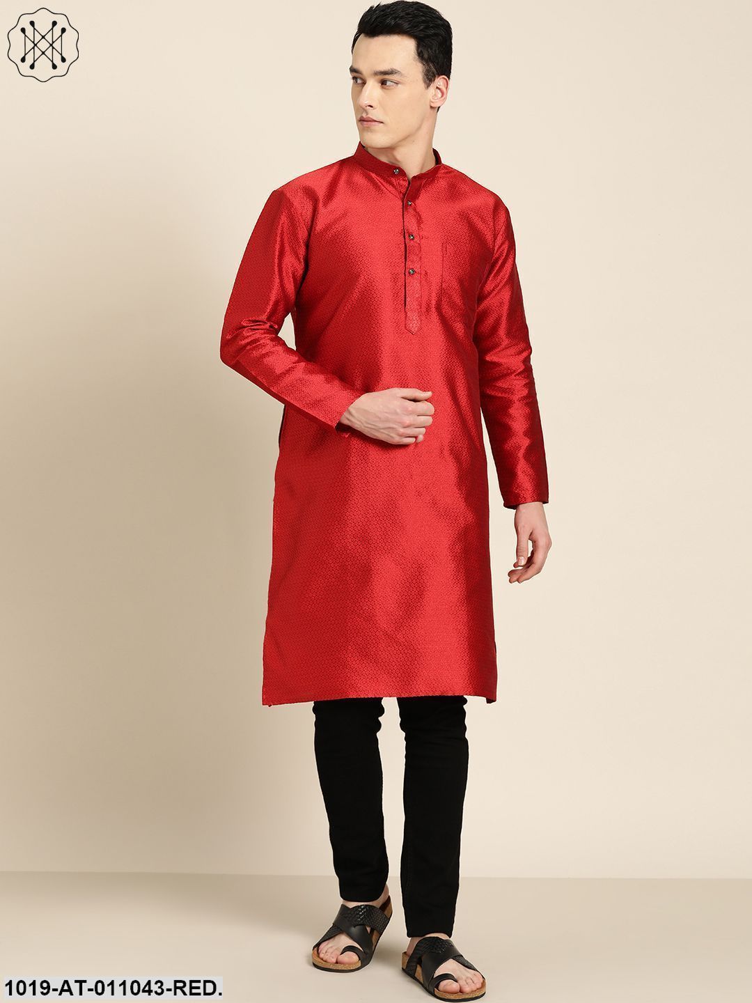 Men's Silk Blend Red Self Design Only Kurta