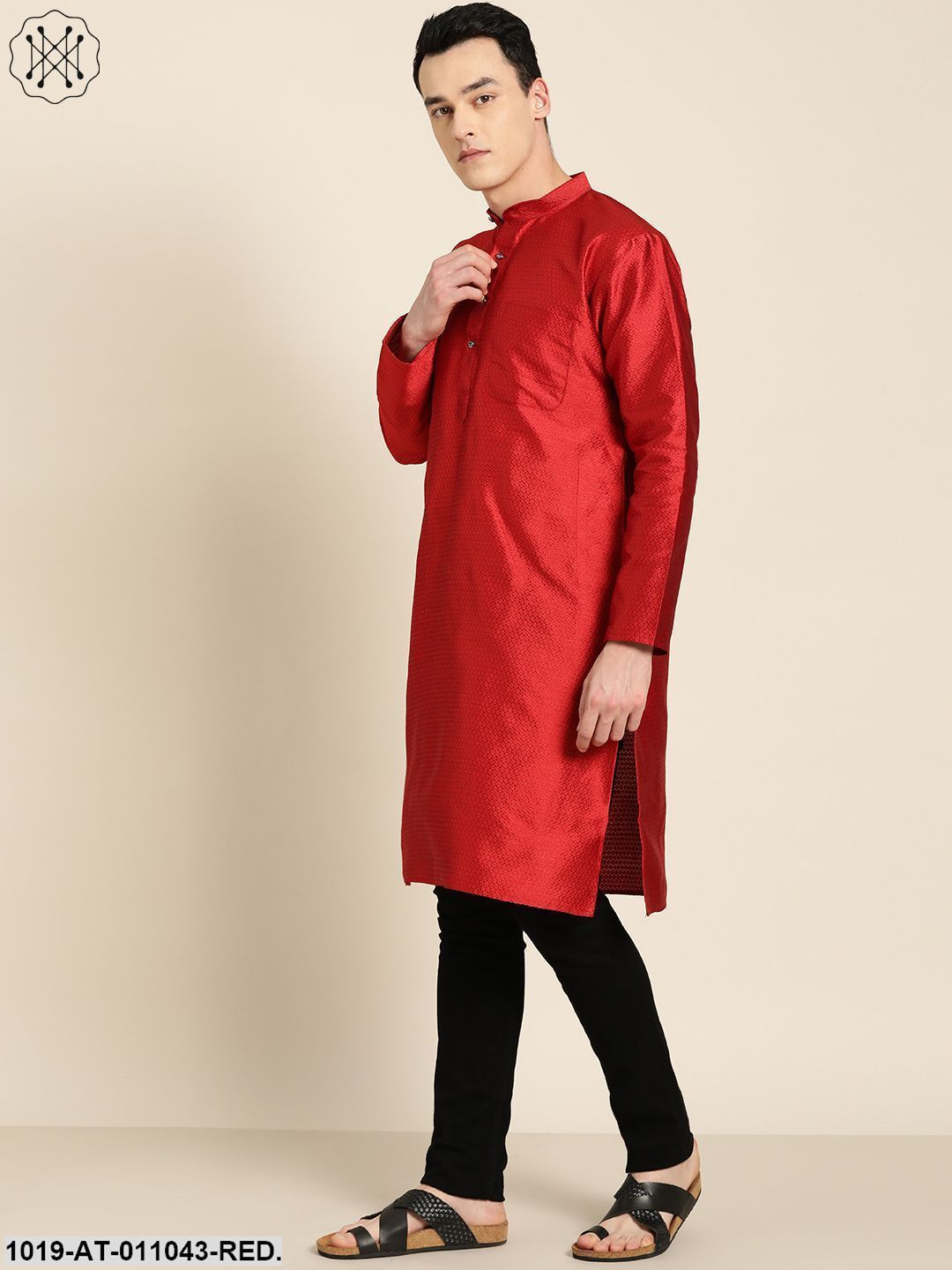 Men's Silk Blend Red Self Design Only Kurta