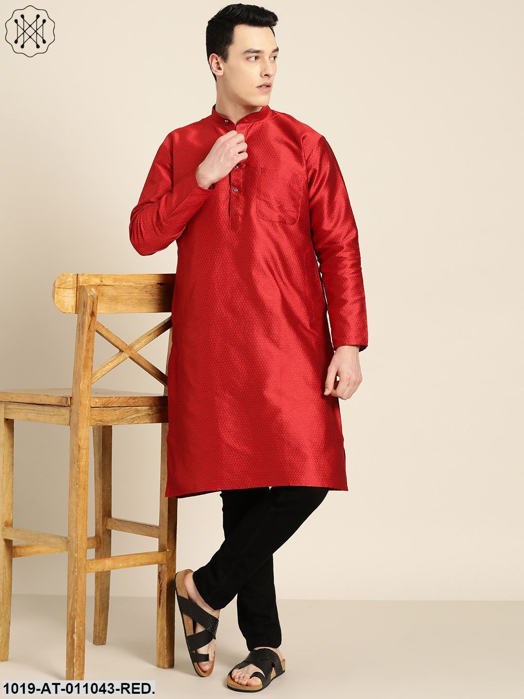 Men's Silk Blend Red Self Design Only Kurta