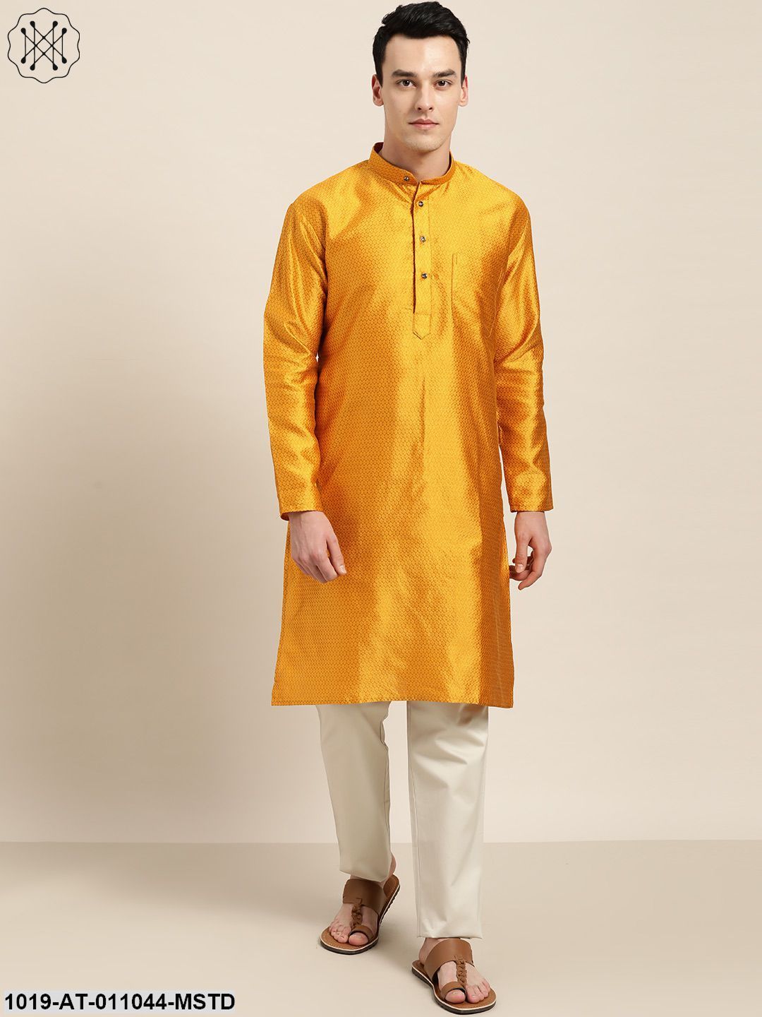 Men's Silk Blend Mustard Self Design Only Kurta