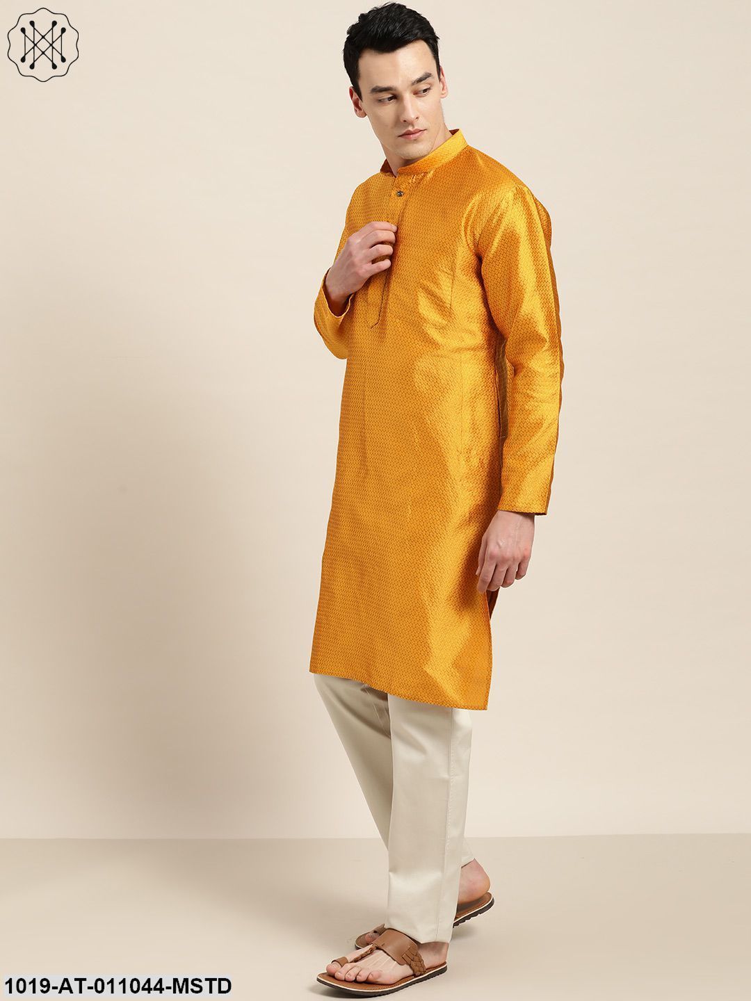 Men's Silk Blend Mustard Self Design Only Kurta