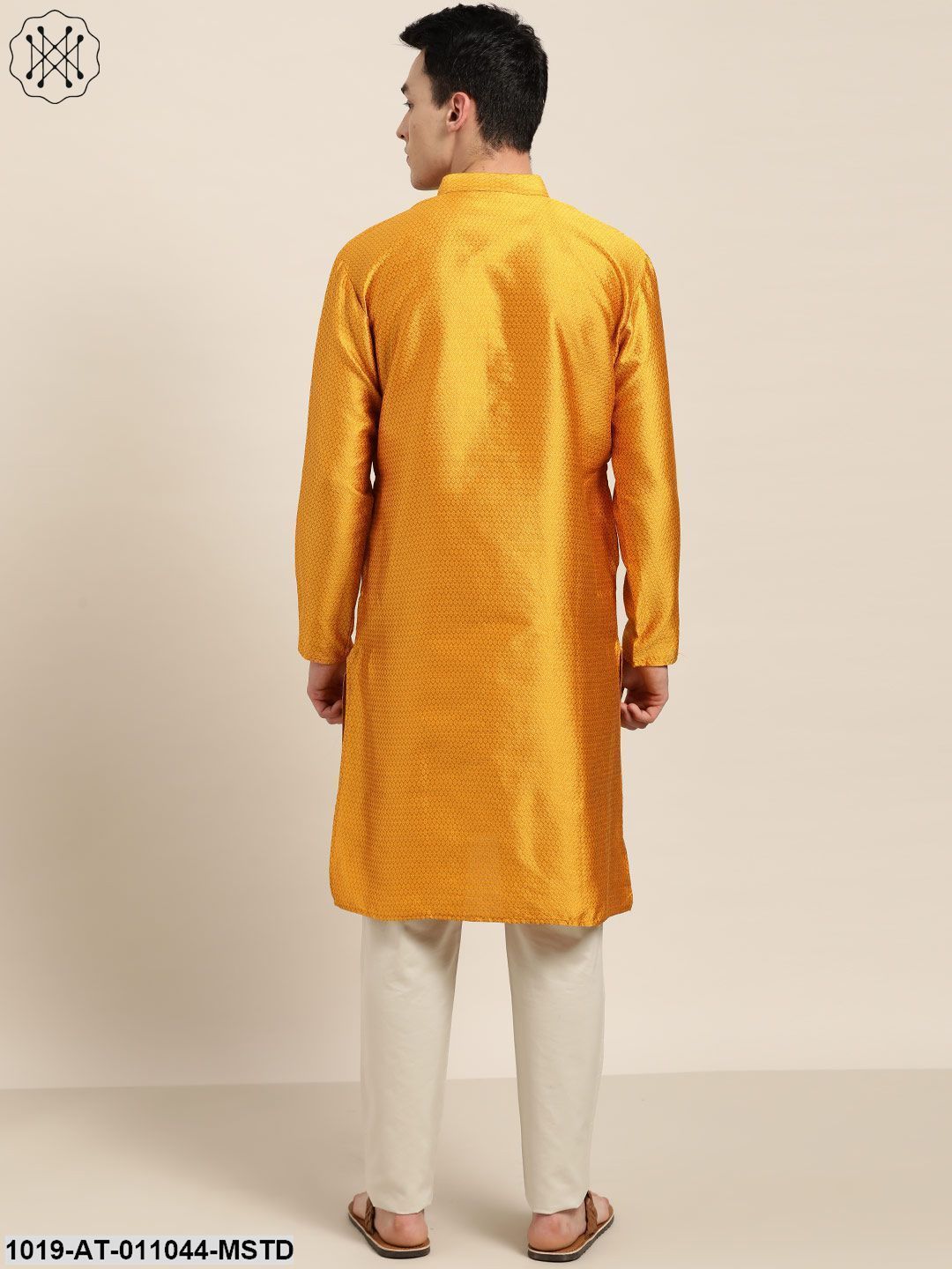 Men's Silk Blend Mustard Self Design Only Kurta