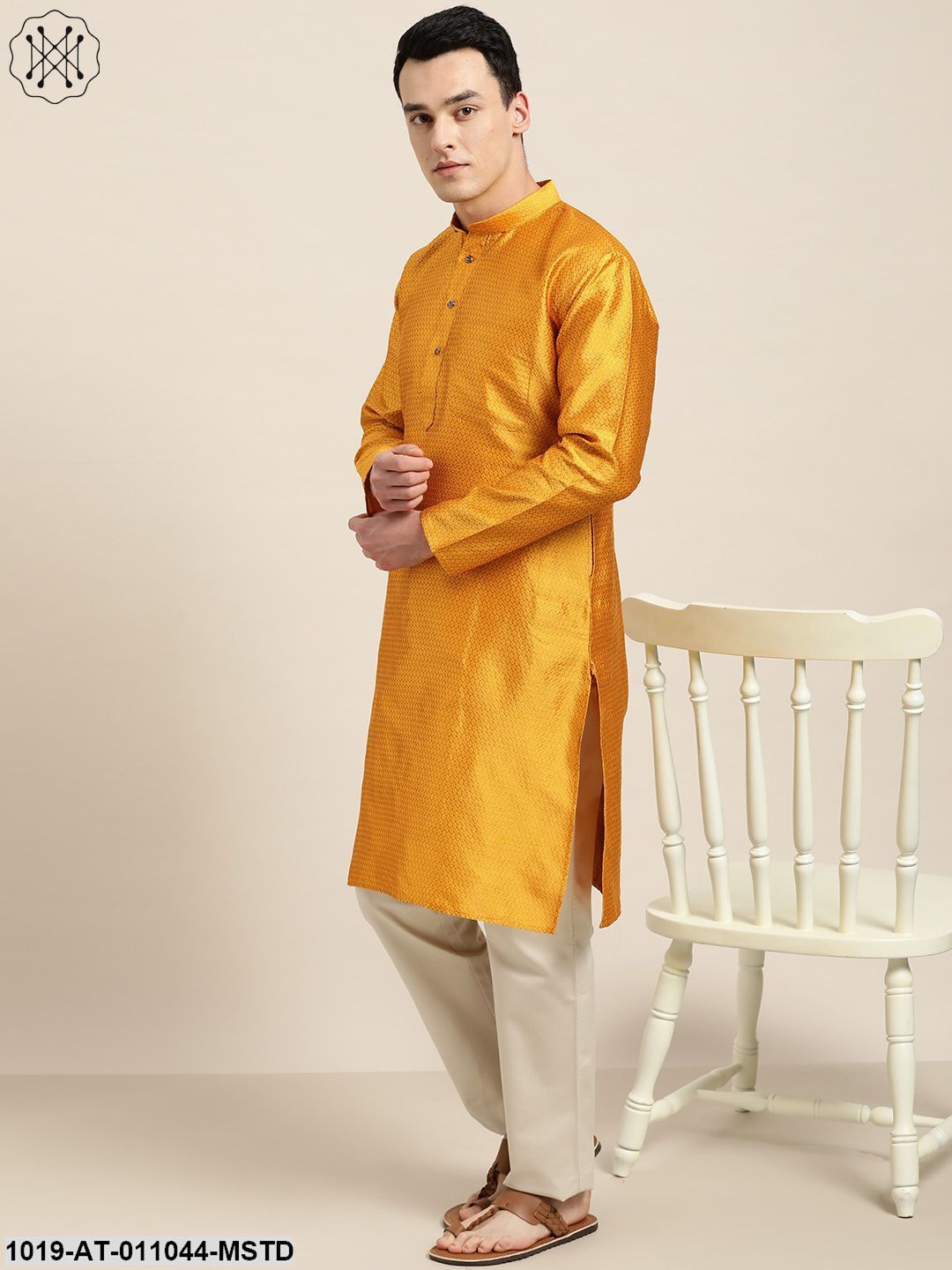 Men's Silk Blend Mustard Self Design Only Kurta