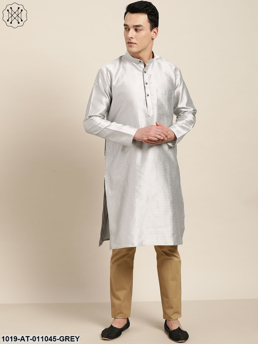 Men's Silk Blend Grey Self Design Only Kurta