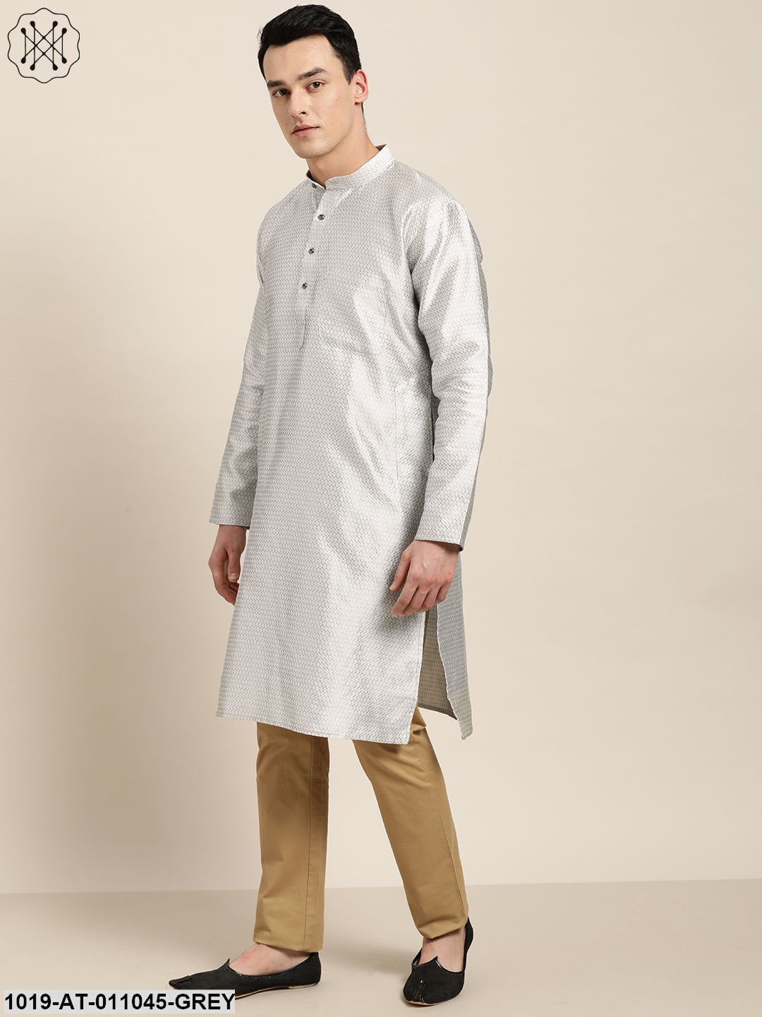 Men's Silk Blend Grey Self Design Only Kurta