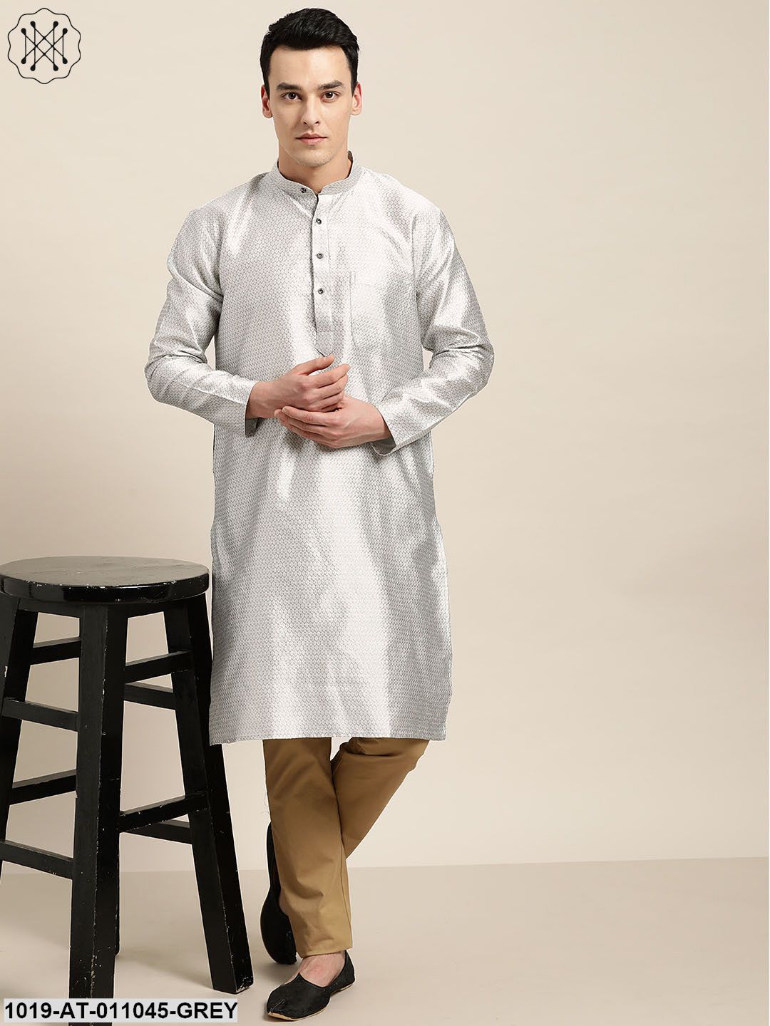 Men's Silk Blend Grey Self Design Only Kurta