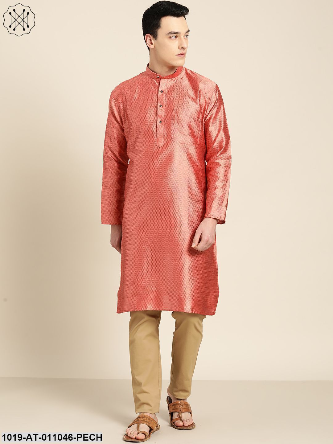 Men's Silk Blend Dark Peach Self Design Only Kurta