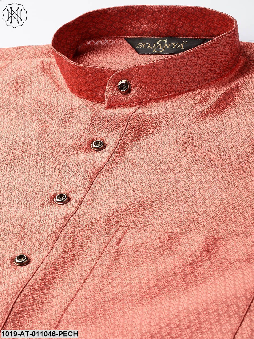 Men's Silk Blend Dark Peach Self Design Only Kurta