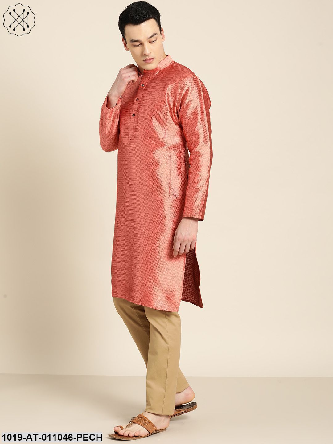Men's Silk Blend Dark Peach Self Design Only Kurta