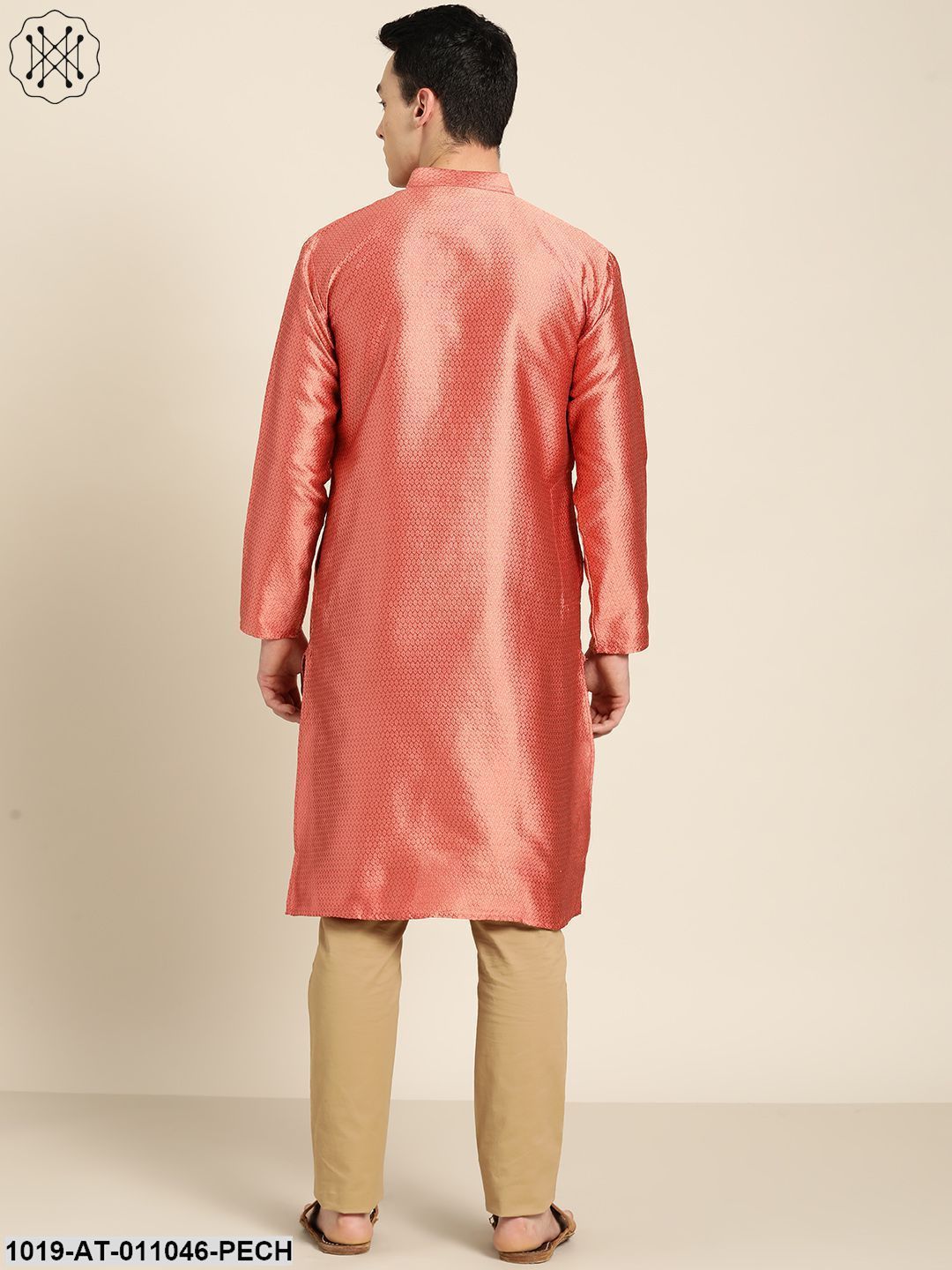 Men's Silk Blend Dark Peach Self Design Only Kurta