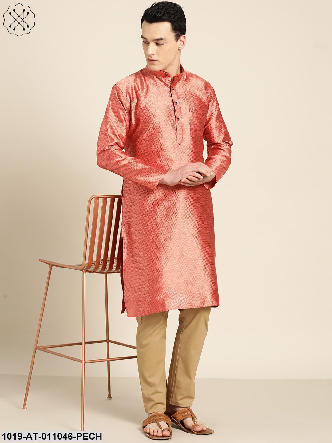 Men's Silk Blend Dark Peach Self Design Only Kurta