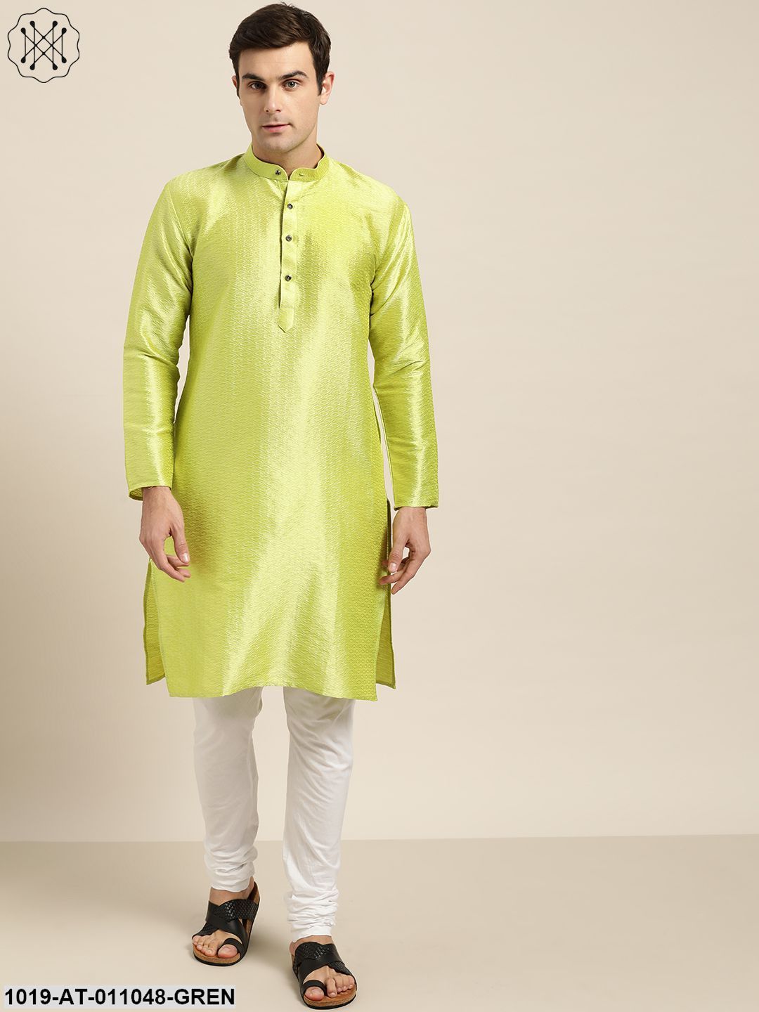 Men's Silk Blend Green Self Design Only Kurta