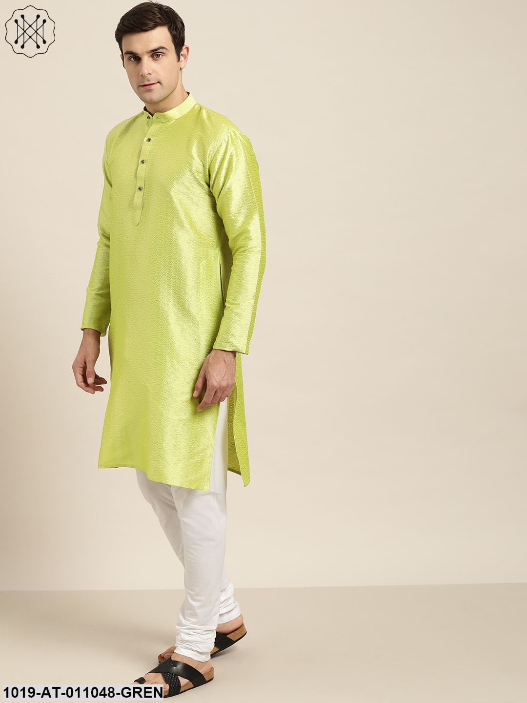 Men's Silk Blend Green Self Design Only Kurta