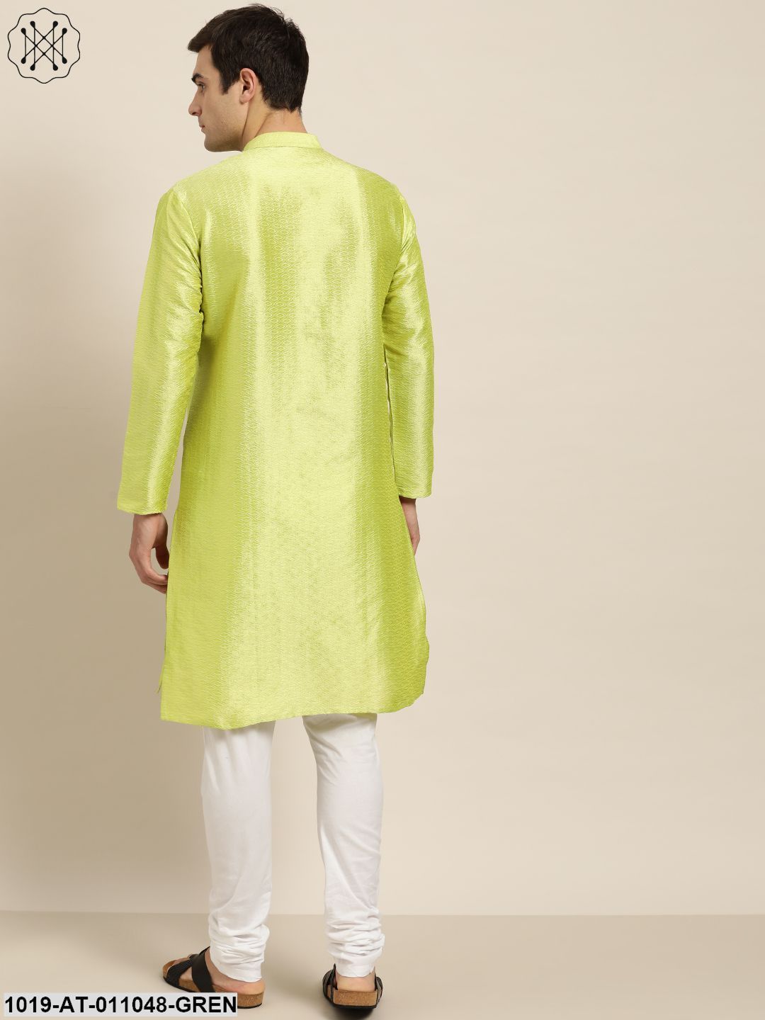 Men's Silk Blend Green Self Design Only Kurta