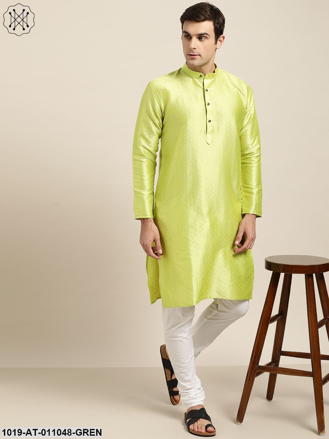 Men's Silk Blend Green Self Design Only Kurta