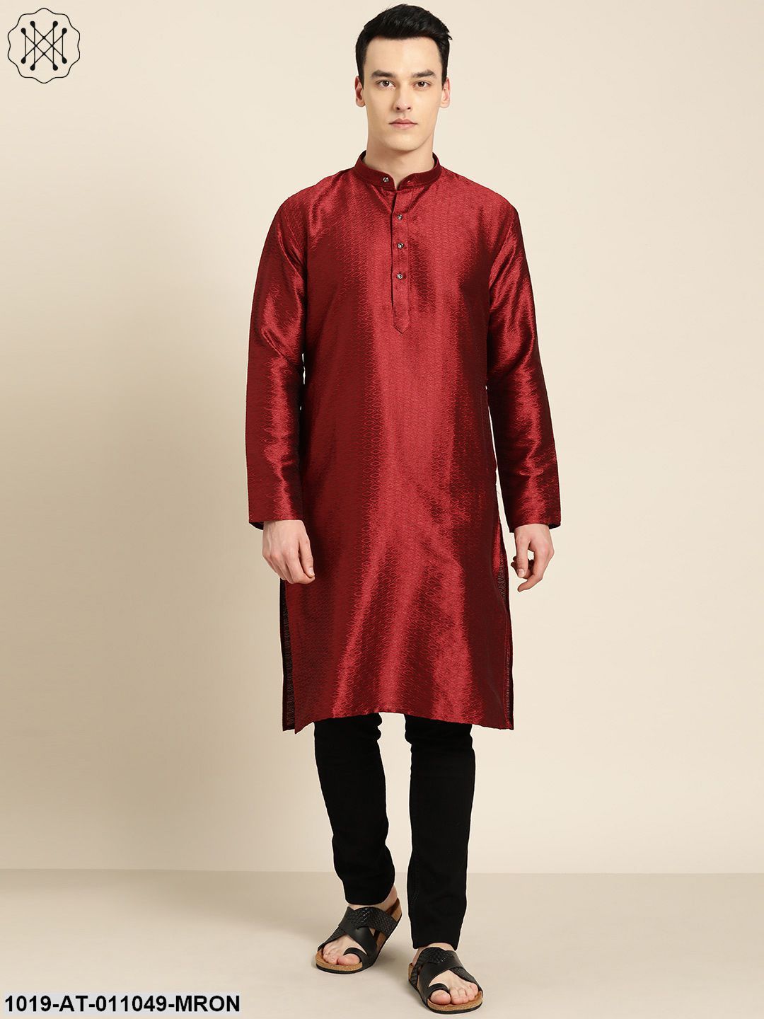Men's Silk Blend Maroon Self Design Only Kurta
