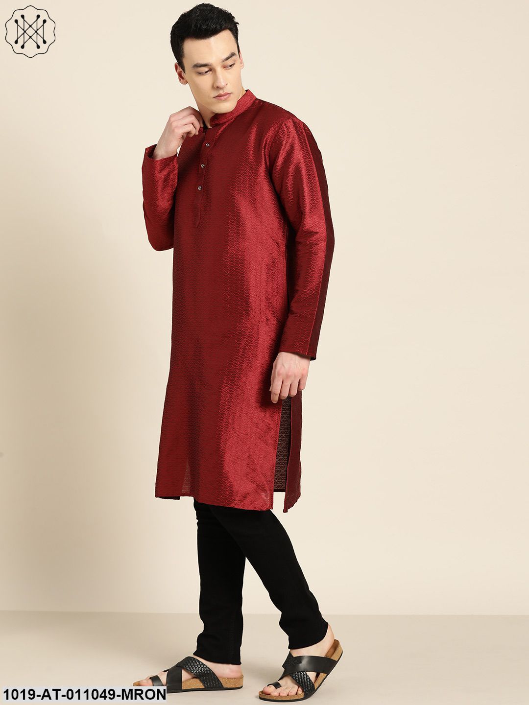 Men's Silk Blend Maroon Self Design Only Kurta