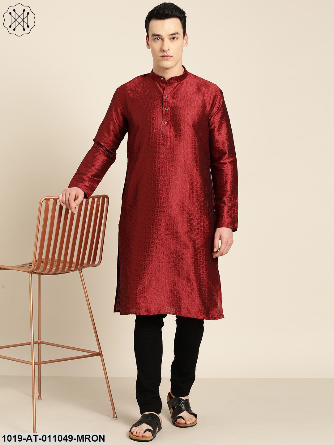 Men's Silk Blend Maroon Self Design Only Kurta