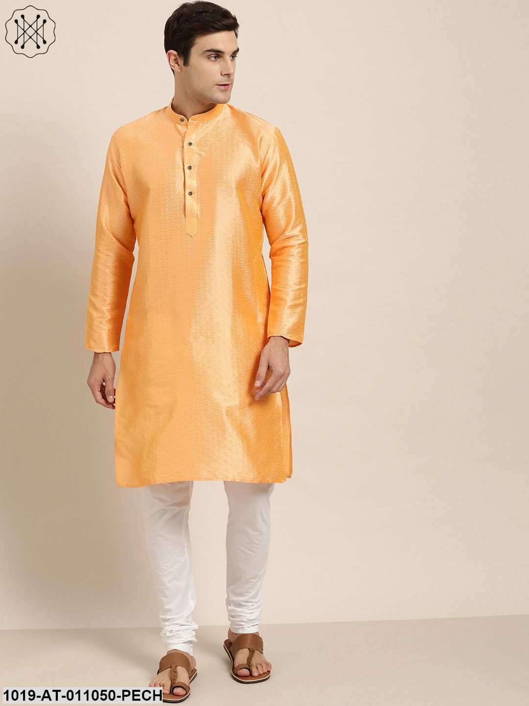 Men's Silk Blend Peach Self Design Only Kurta