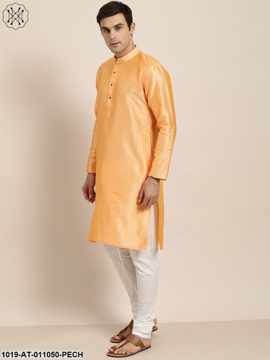 Men's Silk Blend Peach Self Design Only Kurta