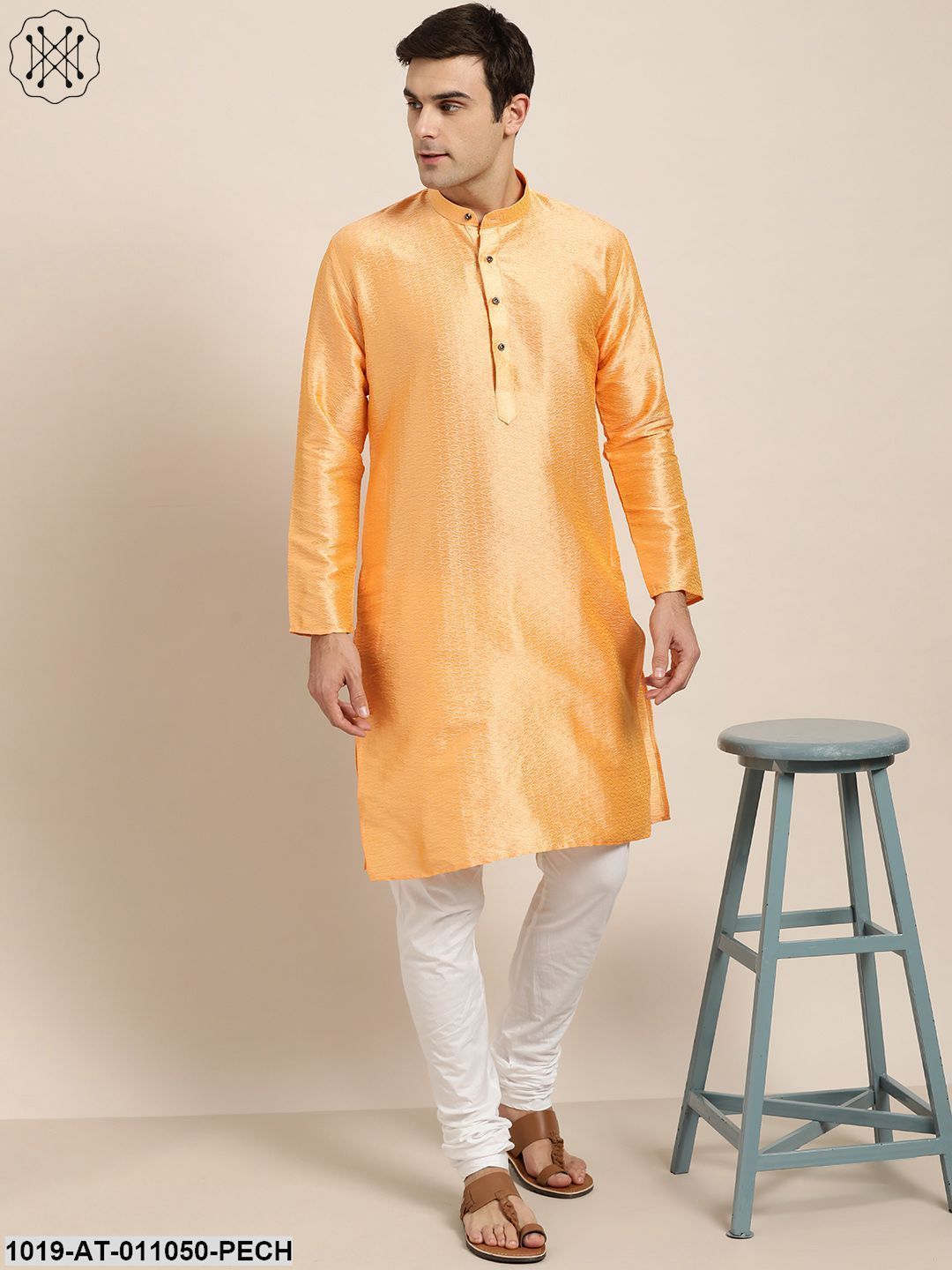 Men's Silk Blend Peach Self Design Only Kurta