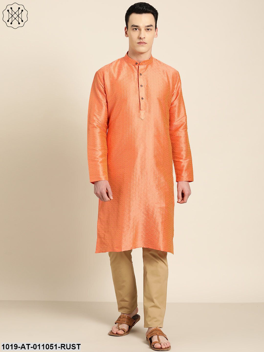 Men's Silk Blend Light Rust Self Design Only Kurta