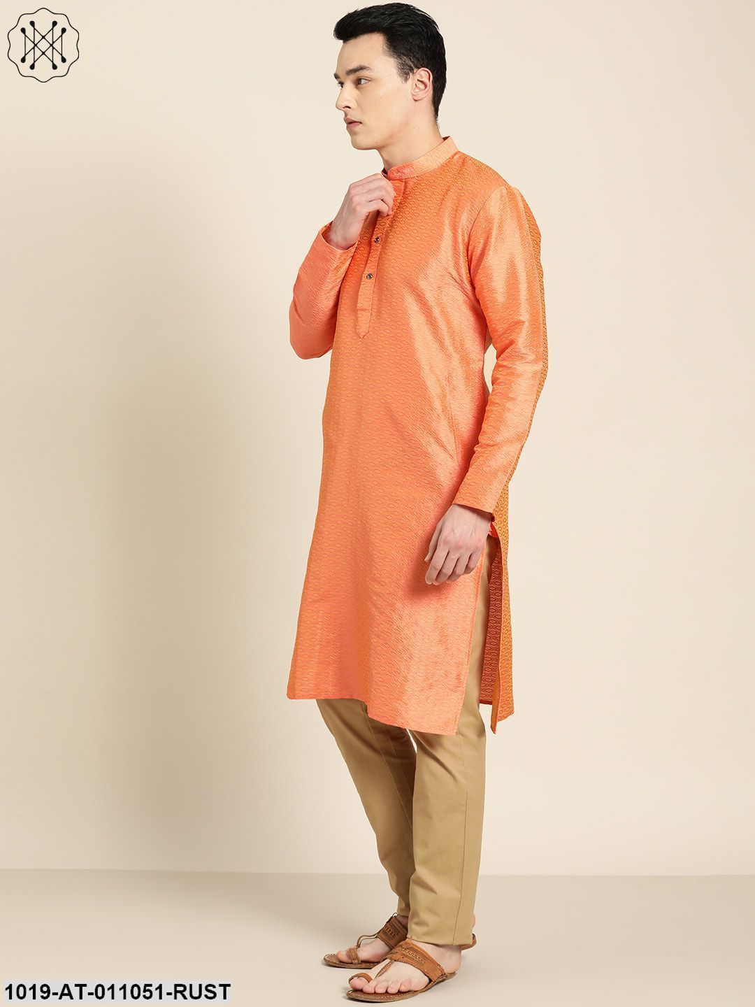 Men's Silk Blend Light Rust Self Design Only Kurta