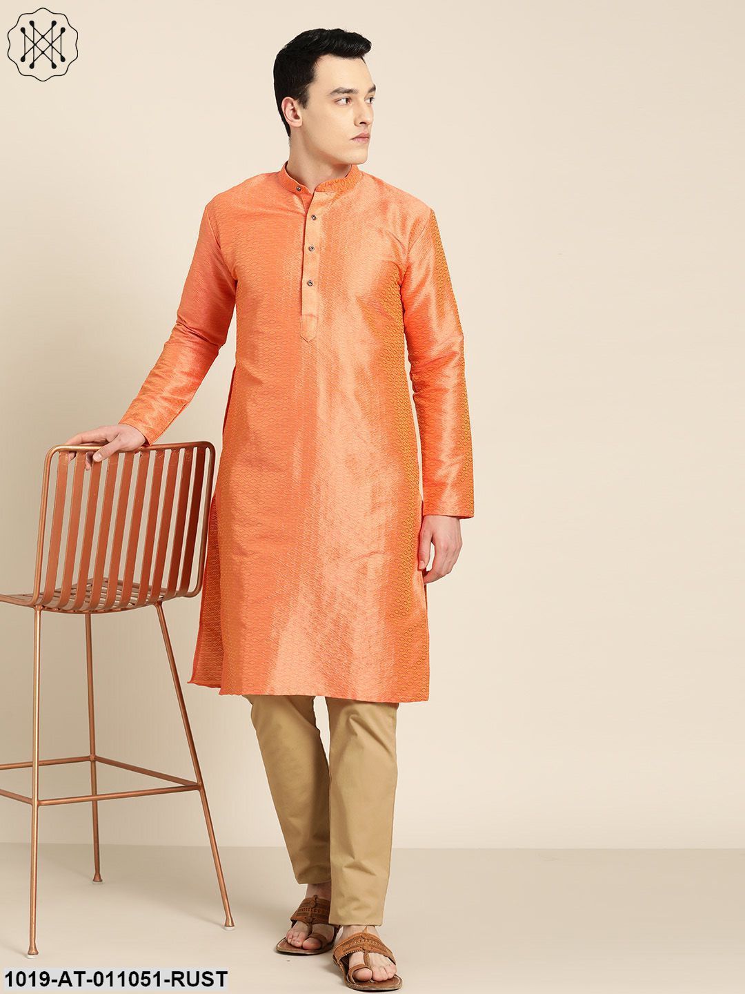 Men's Silk Blend Light Rust Self Design Only Kurta
