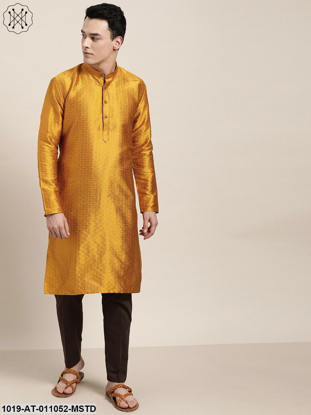 Men's Silk Blend Mustard Self Design Only Kurta