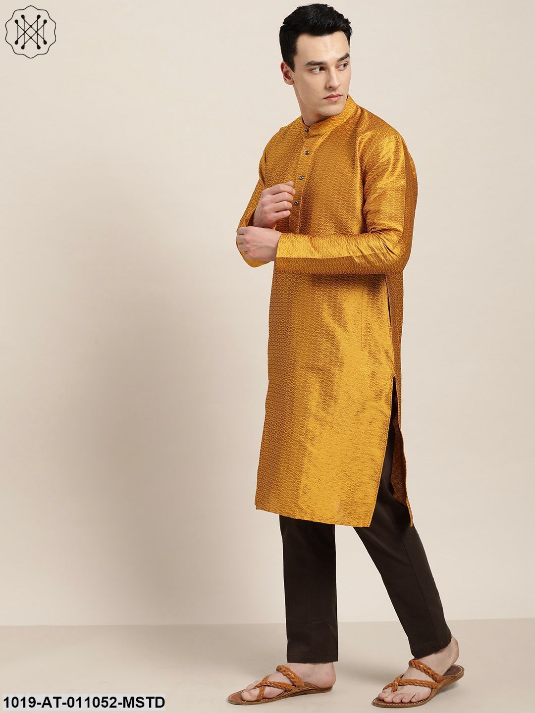 Men's Silk Blend Mustard Self Design Only Kurta
