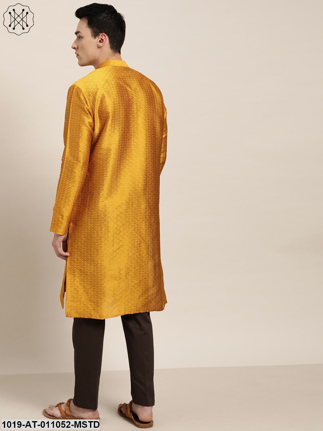Men's Silk Blend Mustard Self Design Only Kurta