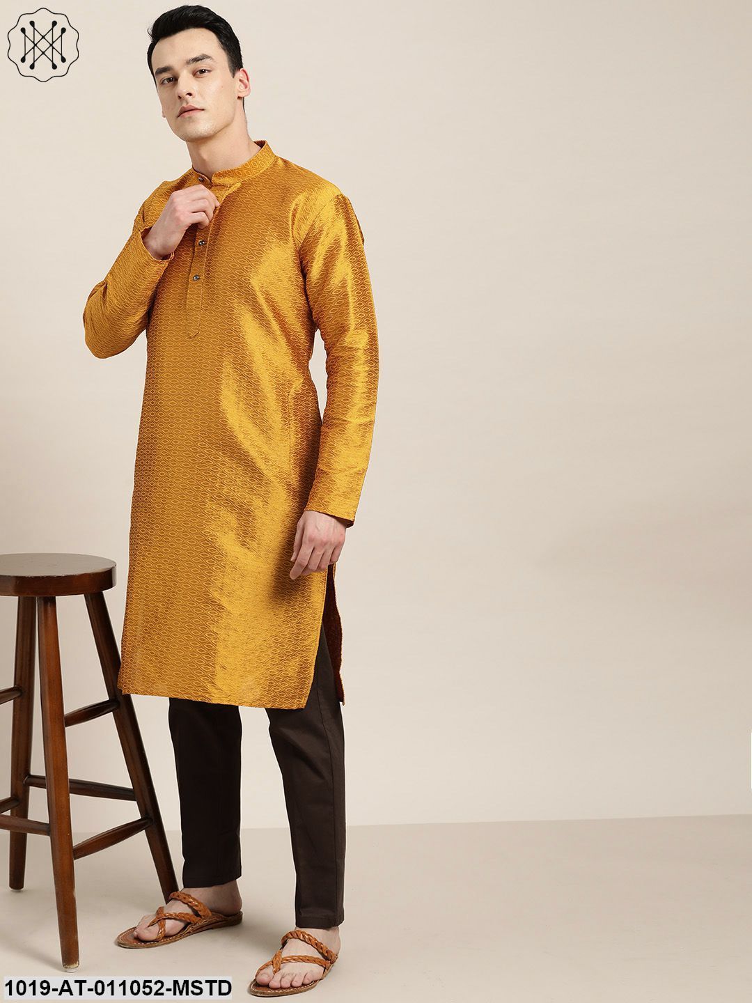 Men's Silk Blend Mustard Self Design Only Kurta