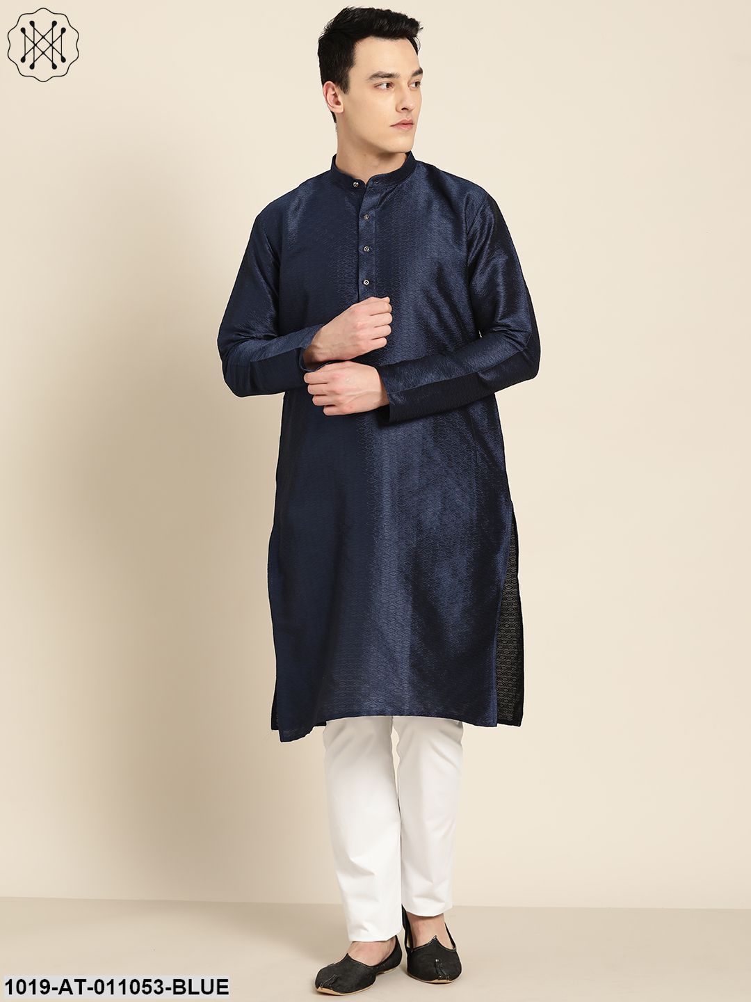 Men's Silk Blend Navy Blue Self Design Only Kurta
