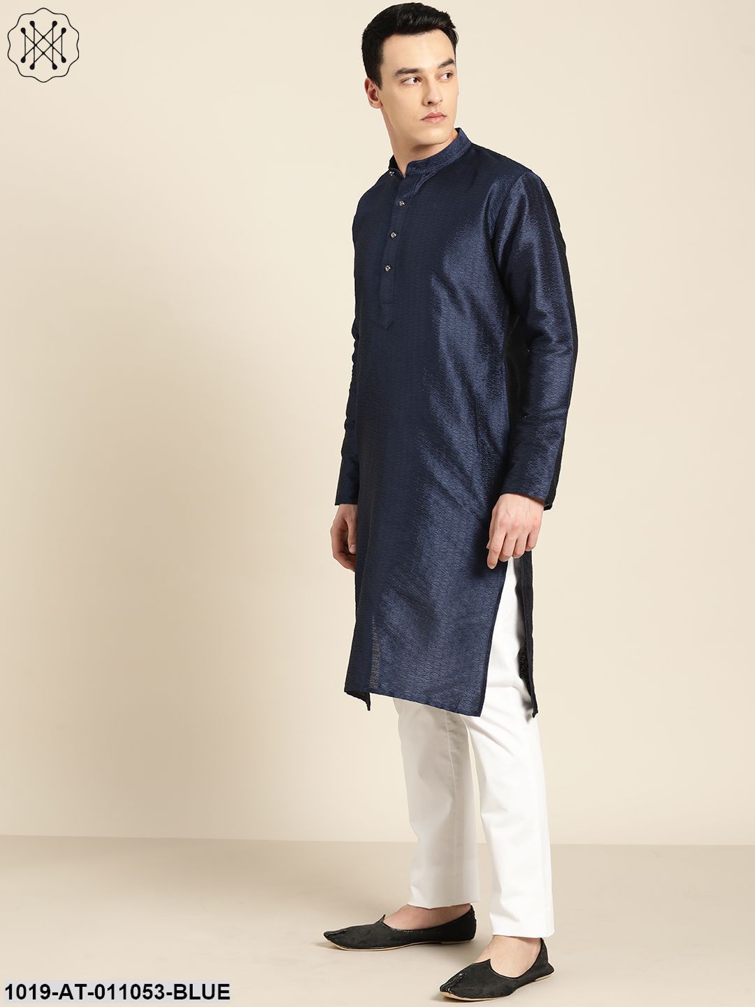 Men's Silk Blend Navy Blue Self Design Only Kurta