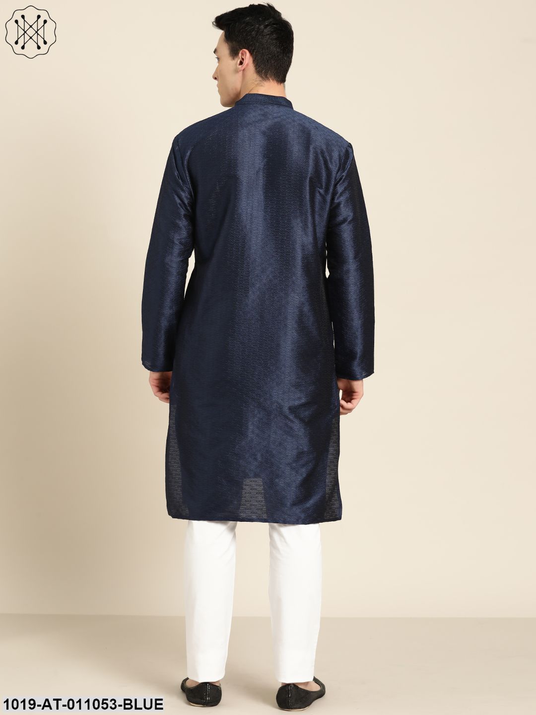 Men's Silk Blend Navy Blue Self Design Only Kurta