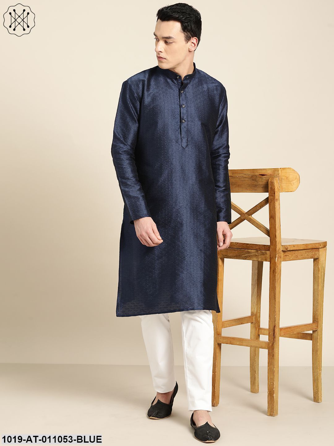 Men's Silk Blend Navy Blue Self Design Only Kurta