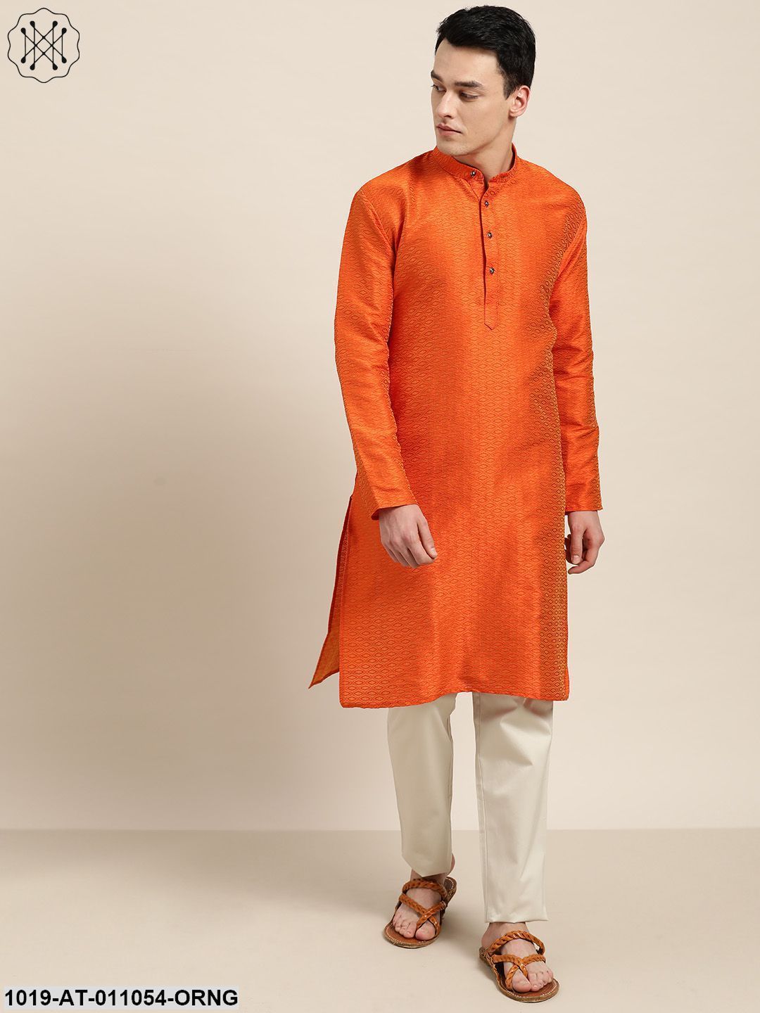 Men's Silk Blend Orange Self Design Only Kurta