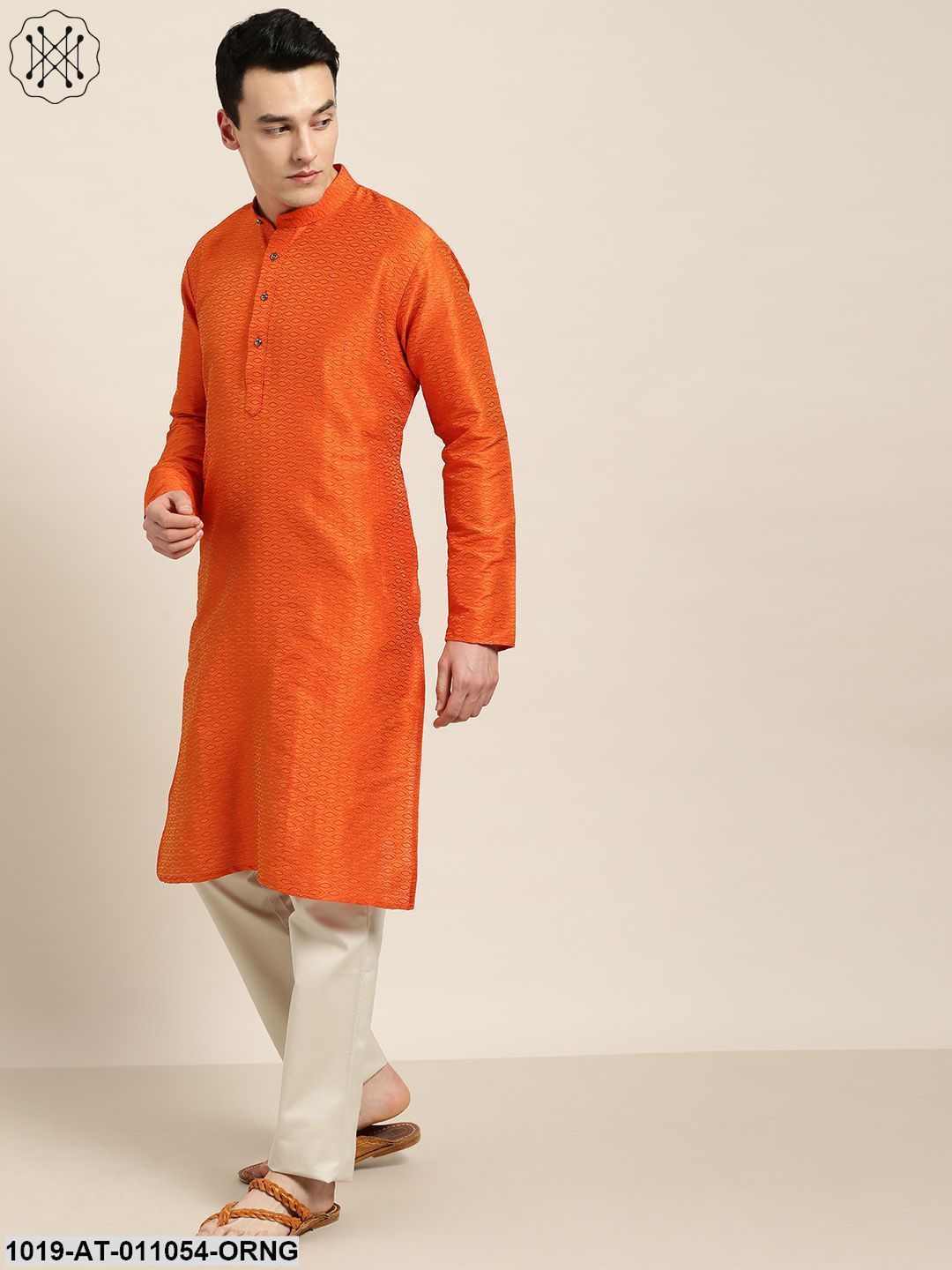 Men's Silk Blend Orange Self Design Only Kurta