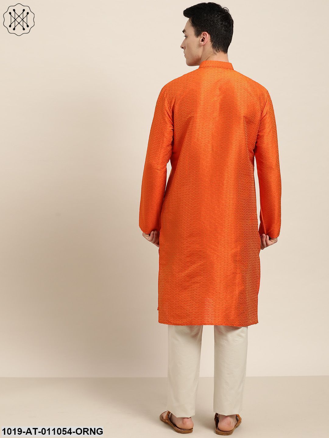 Men's Silk Blend Orange Self Design Only Kurta